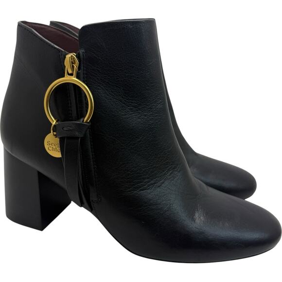 See by Chloé Louise Black Leather Ankle Boot Size 39.5 - Picture 1 of 12